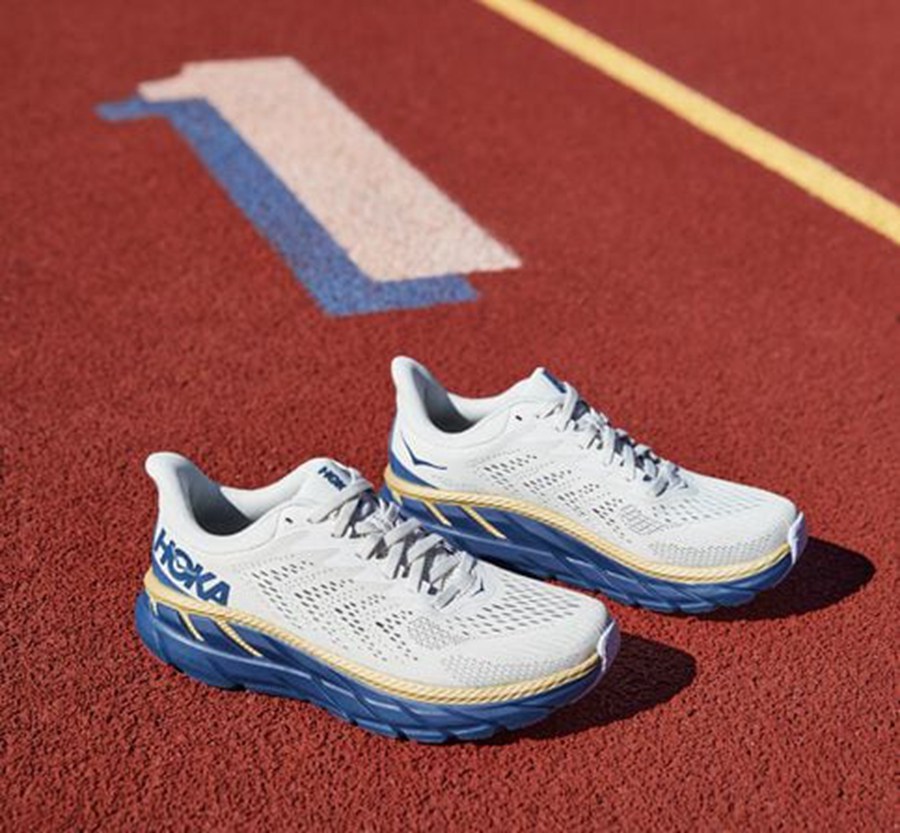 Hoka One One Running Shoes Mens White/Blue - Clifton 7 - 85190WKUI